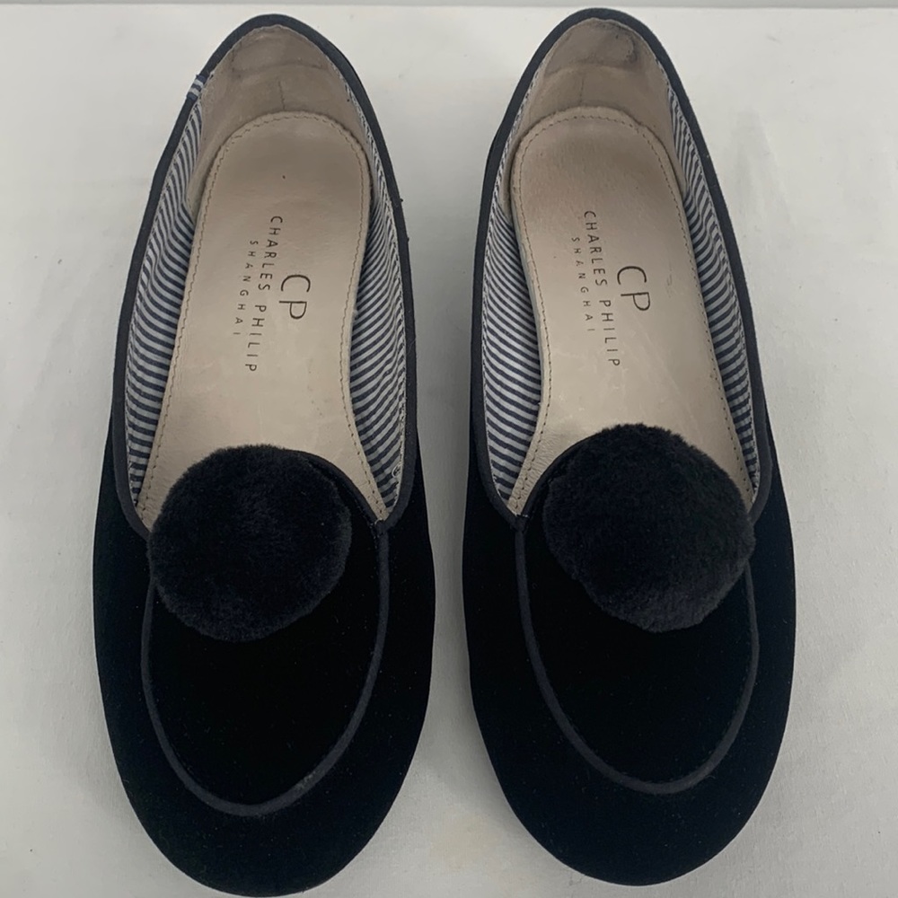 Charles Philip Black Velvet Pom-Pom Flats  Sz 8.5